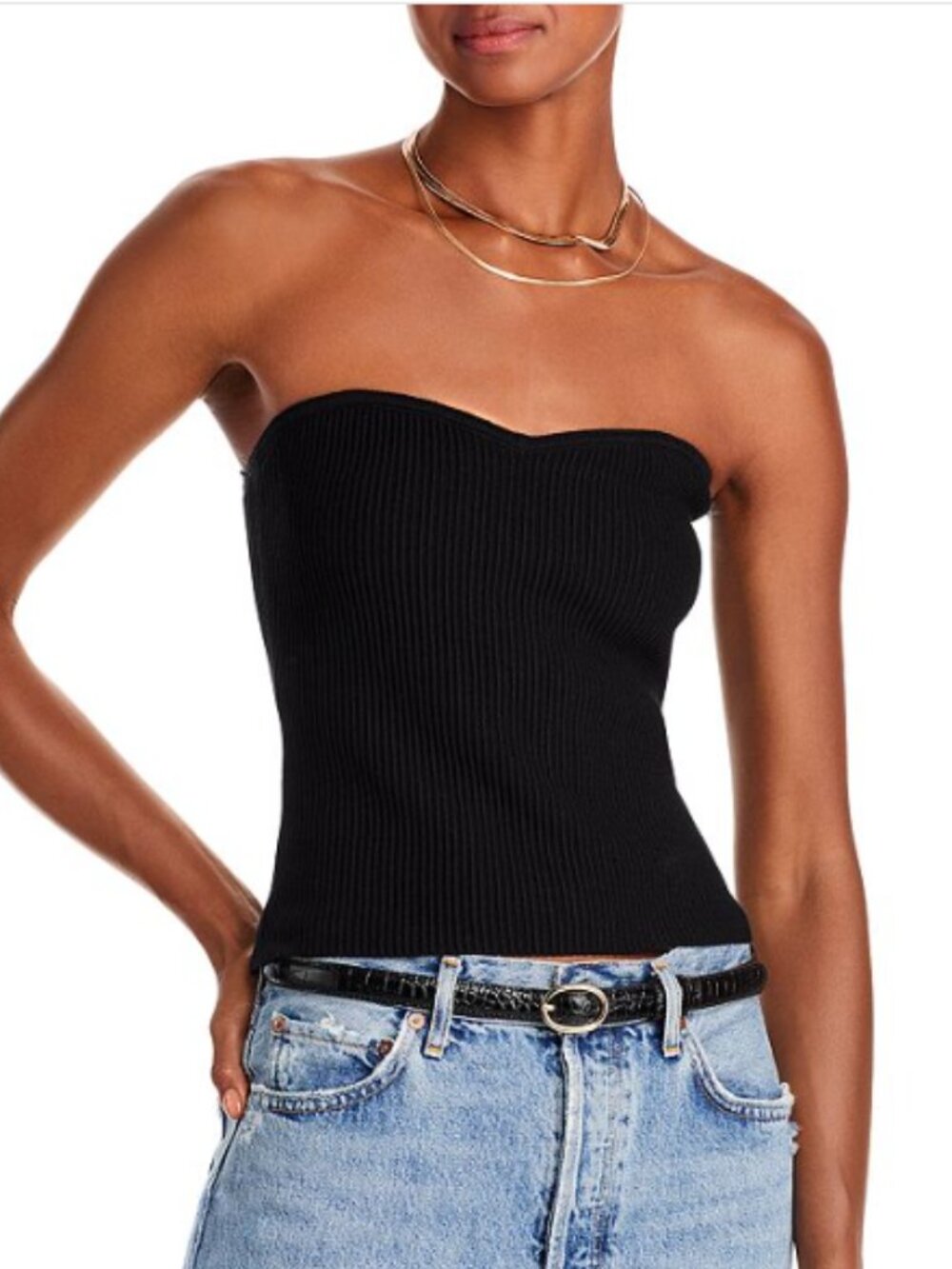 Bloomingdale’s Aqua Black Ribbed Knit Sweetheart Strapless tube top